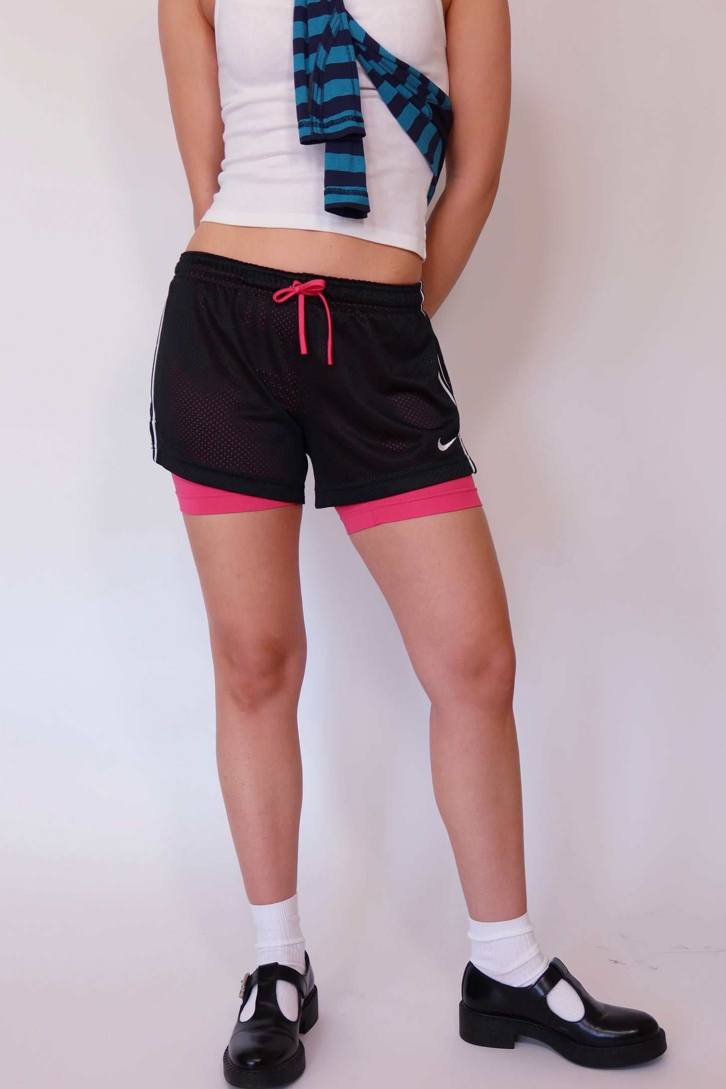 nike double layer pink and black shorts