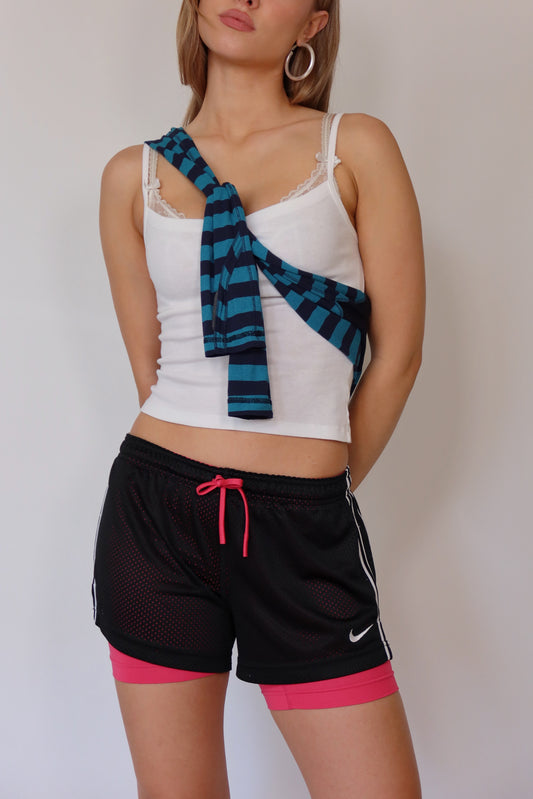 nike double layer pink and black shorts