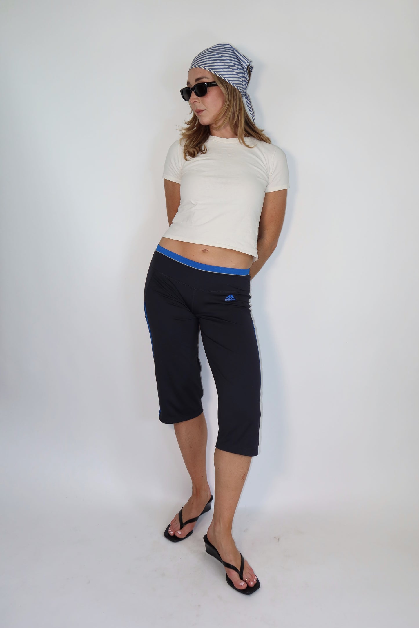 adidas black and blue capri